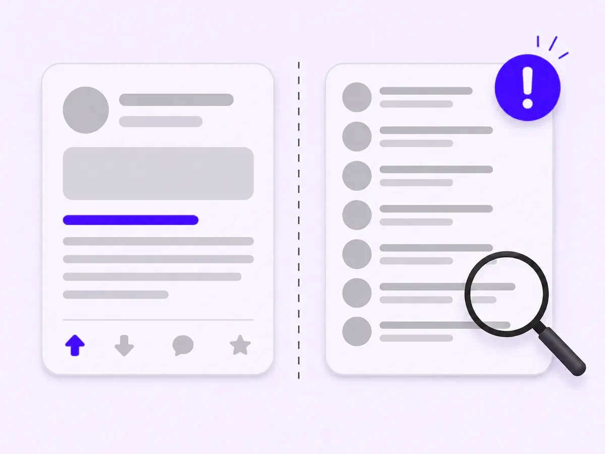 Two side-by-side comment cards, one calm and one flagged as suspicious