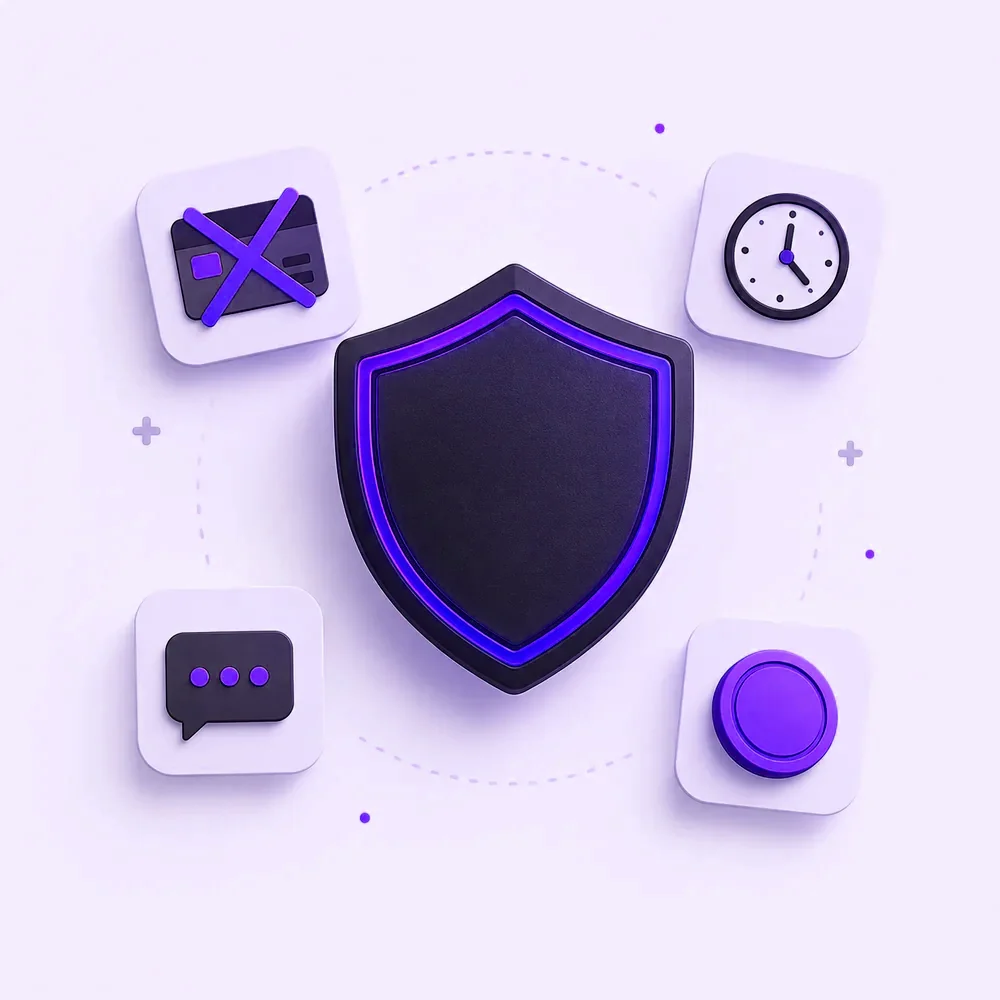 A shield surrounded by small cards standing for the common red flags