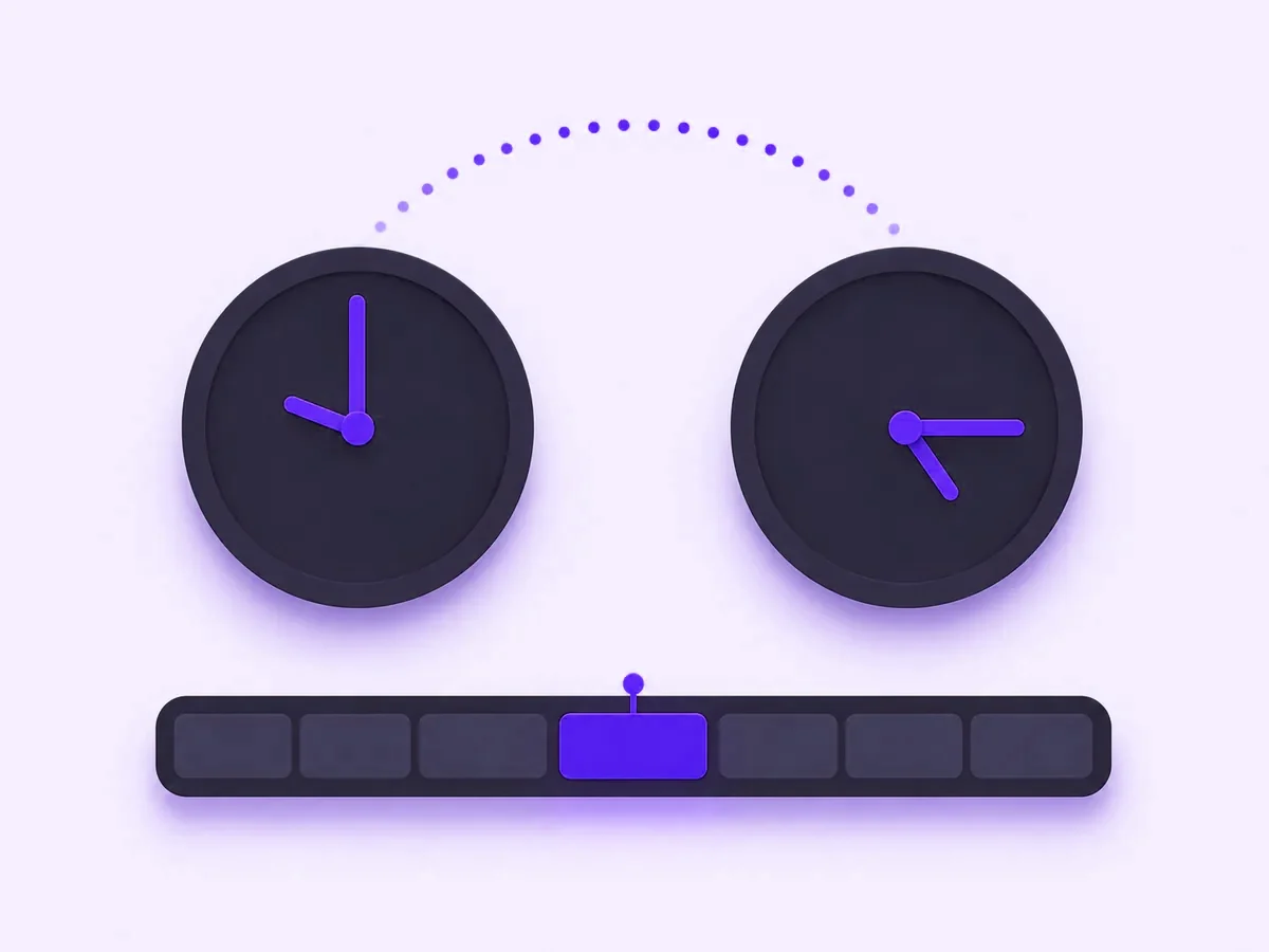 Two clock faces set to different times above a highlighted schedule bar