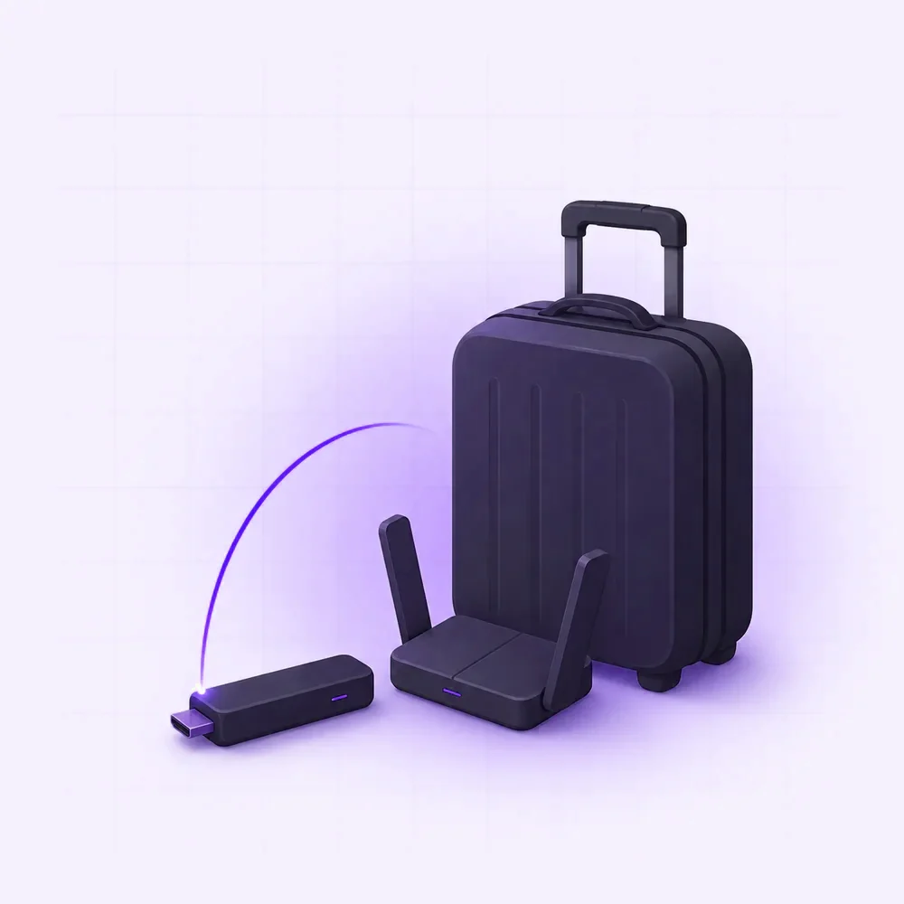 A streaming stick and travel router tucked beside a suitcase