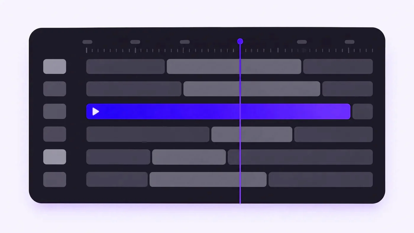 An abstract programme guide with a highlighted row and a now marker