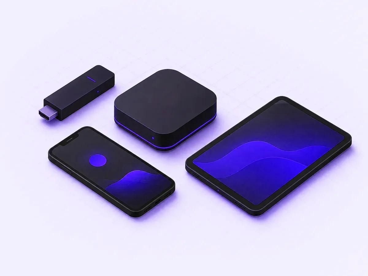 A streaming stick, TV box, phone and tablet arranged in a diagonal