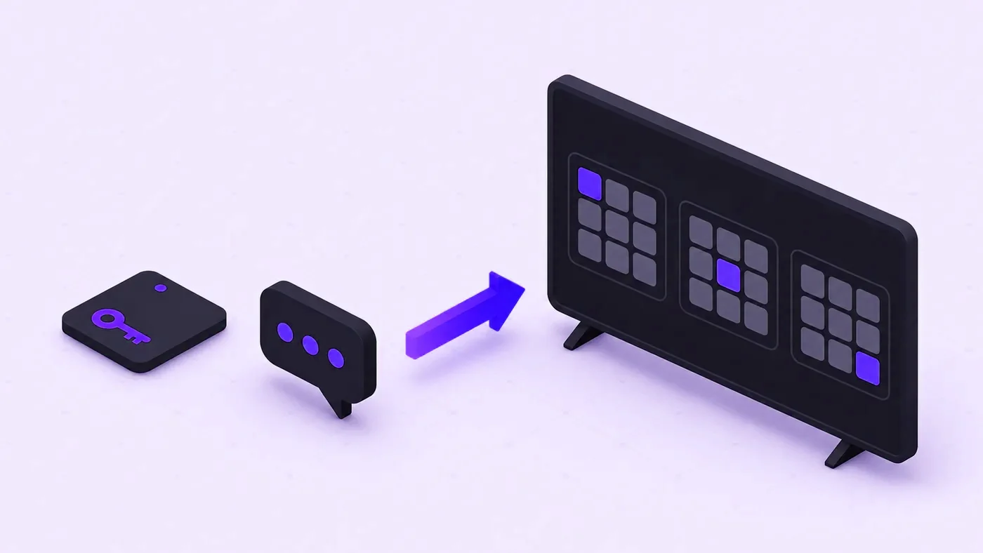 A key card and a request bubble leading to a TV showing grouped tiles