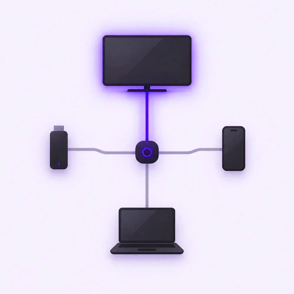 One orange line from a hub to four devices, with a single branch lit
